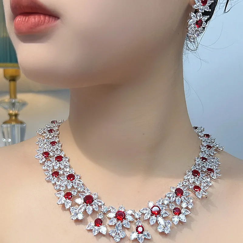 EYER Luxury Red Crystal Necklace Earrings For Women Collar Fashion Charm Jewelry Set Birthday Party Banquet Gift AAA Zircon