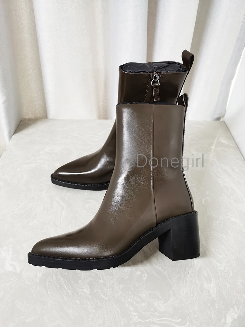 Pointed Chelsea Boots Women Genuine Leather Chimney Boots 2024 New Thick Heel Fur Casual Black Ankle Boot Ladies botas hombre