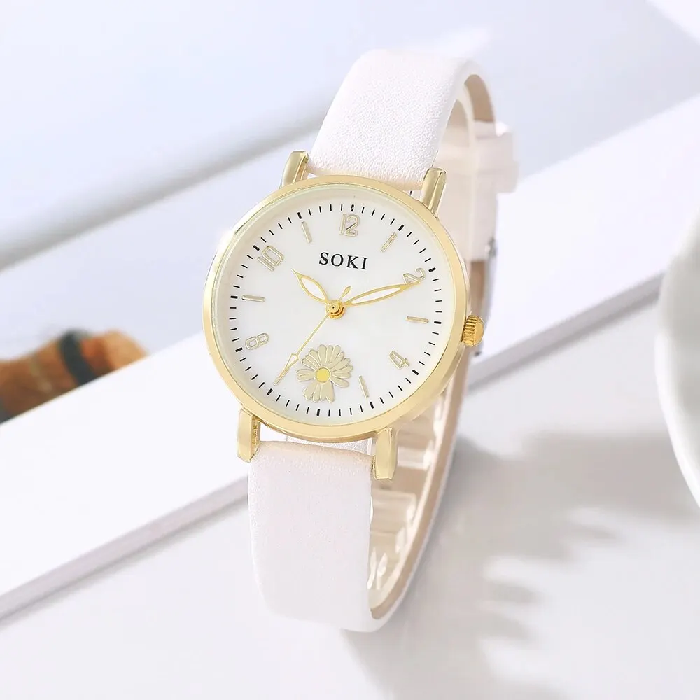 White Quartz Watch Dainty Bracelet For Women Leisure Casual Round Hollowed Pattern Bracelet Set