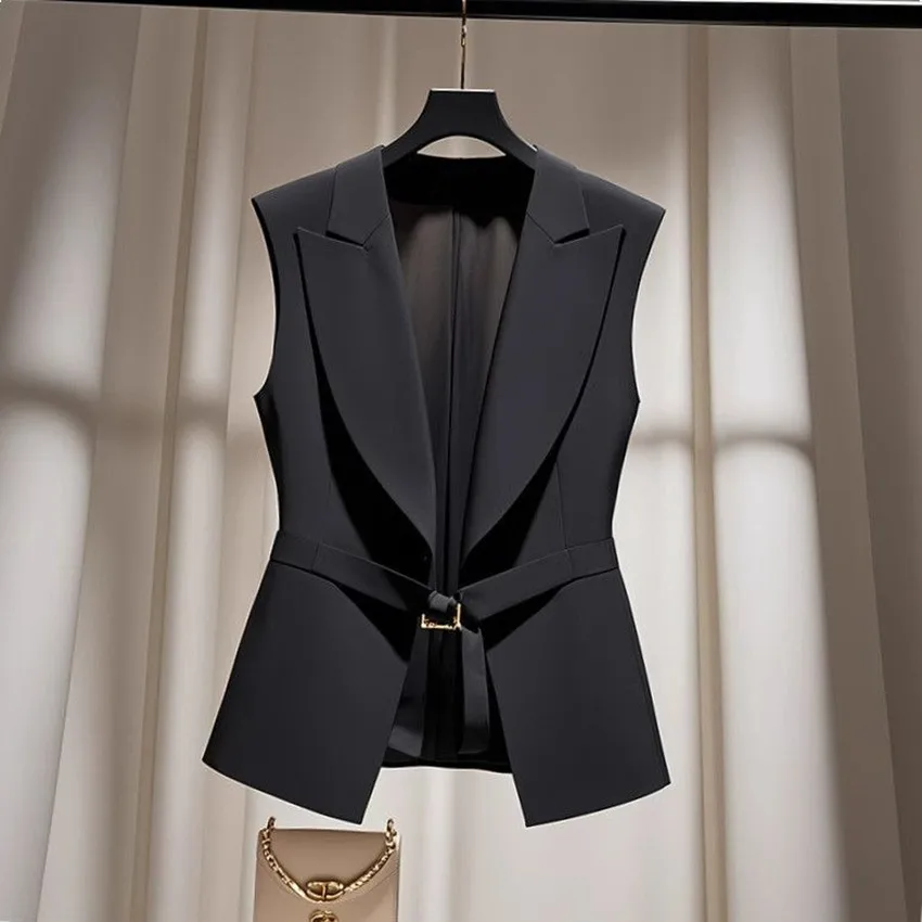 Autumn New Fashion Minimalism Suit Vest Women's Notched Collar Sleeveless Jacket Office Lady Solid Slim Blazer Coat With Belt