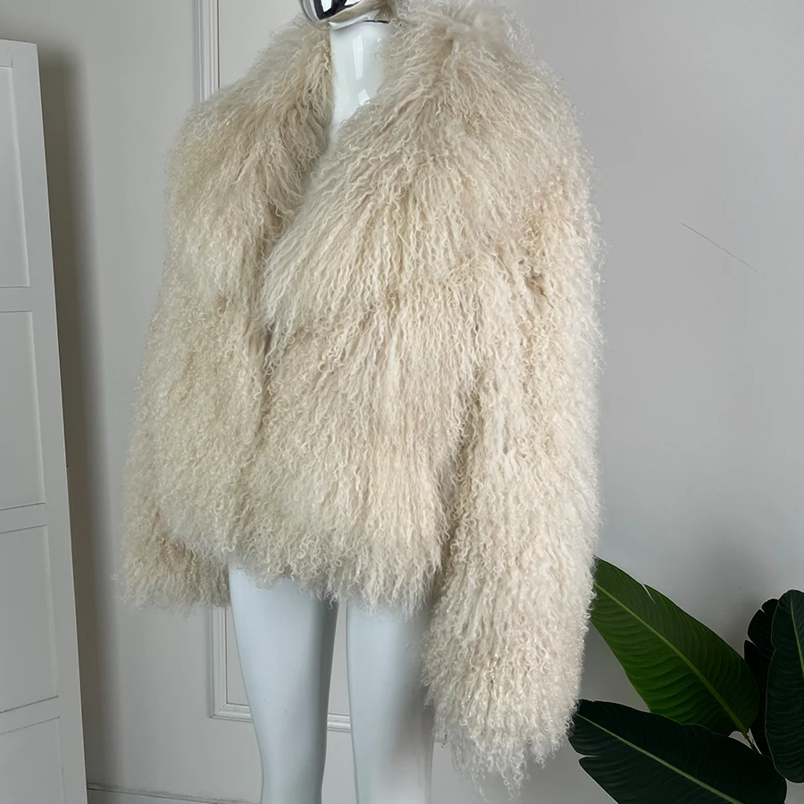 Real Sheep Skin Coat Lamb Fur Coat Women's Winter Jackets Light Green Collarless Mongolian Fur Coat High Quality Real Fur Jacket