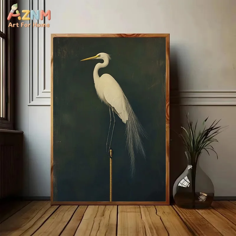 AZNM Vintage White Egret Canvas Wall Art Dark Green Background Heron Bird Retro Oil Painting Style Print Unframed Canvas Minimal