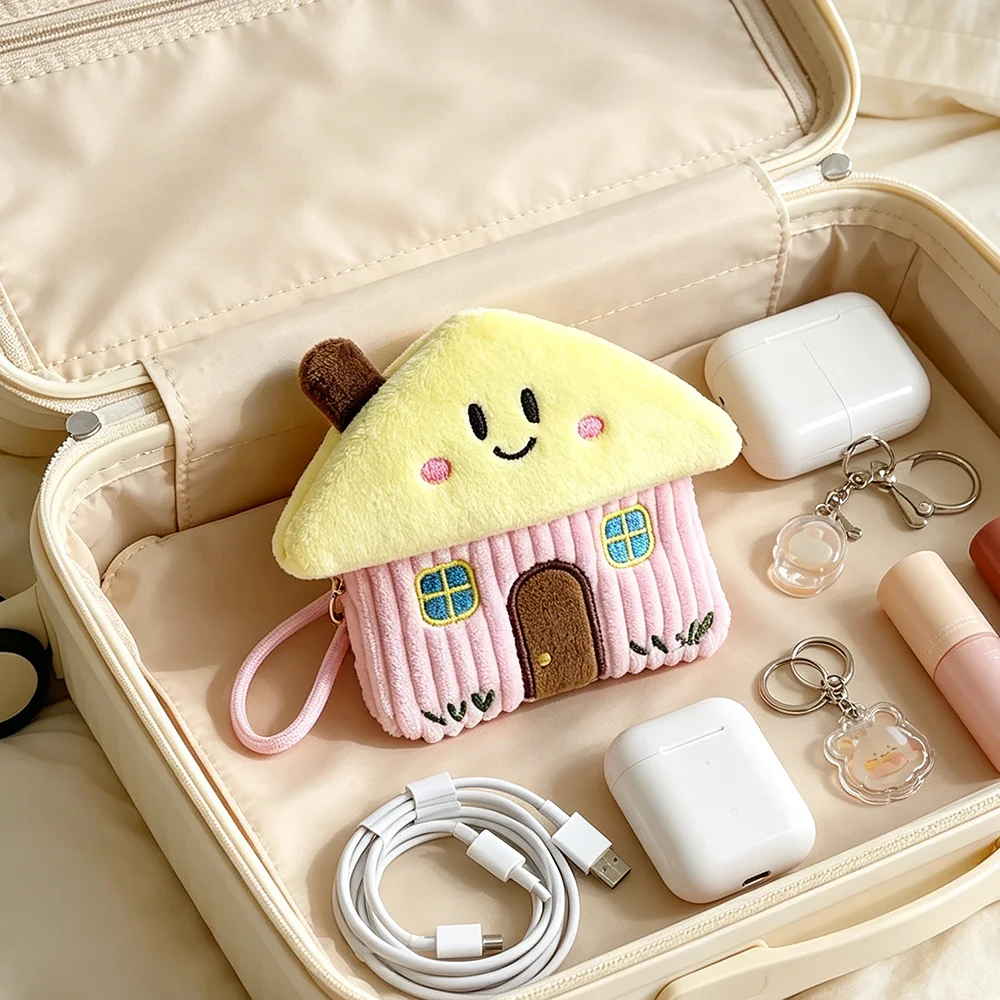 Kawaii Plush Coin Purse Cute House Mini Wallet Color-Block Cartoon Earphone Case Storage Pouch Aesthetic Backpack Charm Gifts