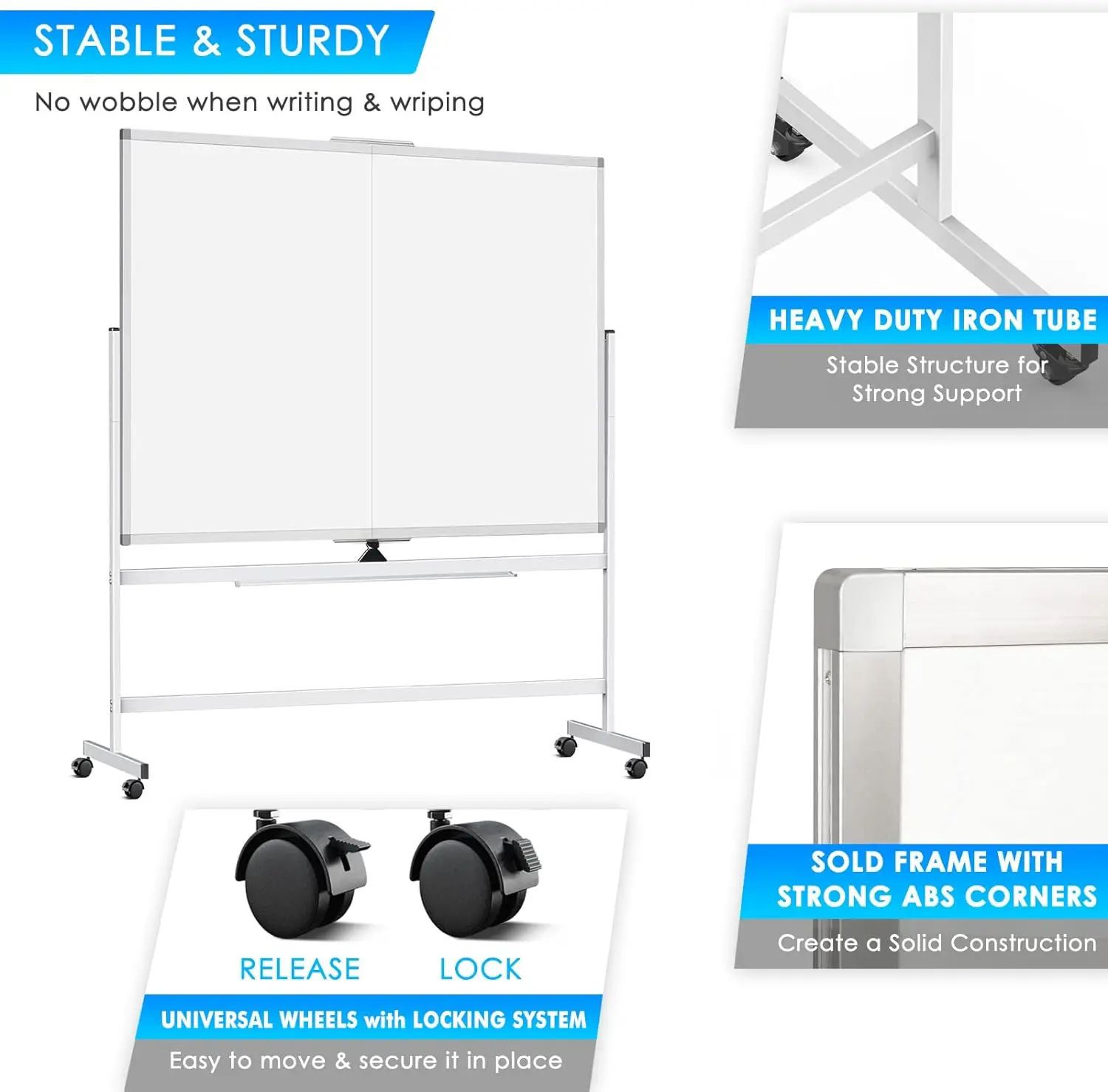 maxtek Large Rolling Whiteboard 60 x 48, Magnetic Stand Whiteboard on Wheels, Reversible Double Sided Mobile Dry Erase Board