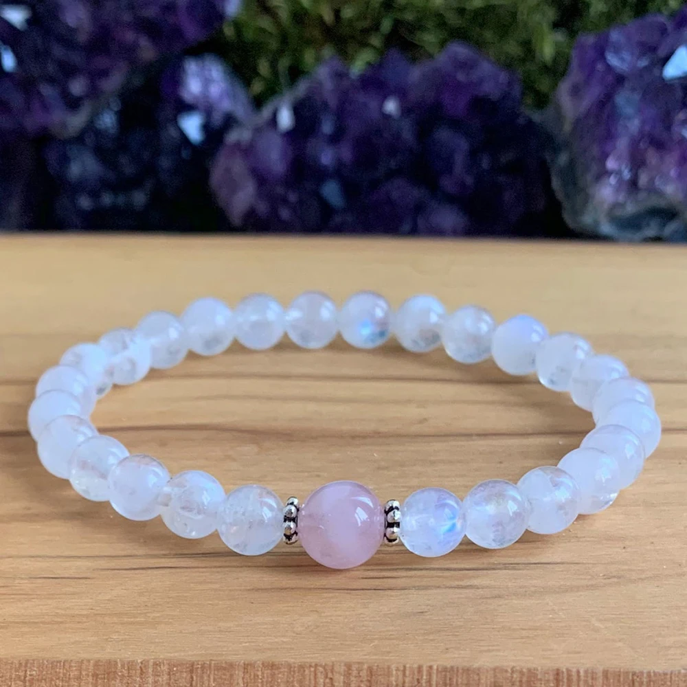 MG1440 AAA Moonstone Bracelet Natural Madagascar Rose Quartz Wrist Yoga Mala Women`s Heart Chakra Love Gift Bracelet