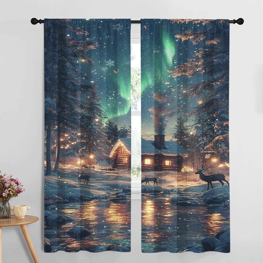 2PCS Aurora Cabin Christmas Curtains, Northern Lights Reindeer Snowy River Night, Magical Winter Window Drapes for Bedroom