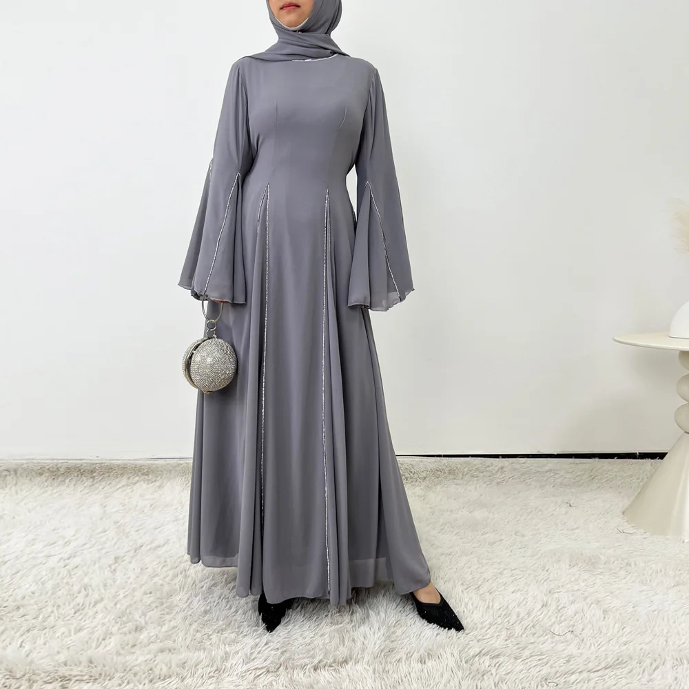 

Dubai Diamonds Chiffon Prom Dresses Hijab for Women Ladies Long Sleeve High Waisted Muslim Musulmane Femme Evening Party Prom