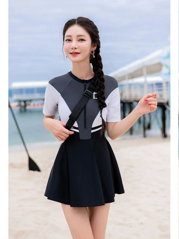 Women Rash Guard Short Sleeve One-piece Half Zipper Swimsuits Bathing Suit Swim Dress Sun Protect Beachwear Skirt Rashguards