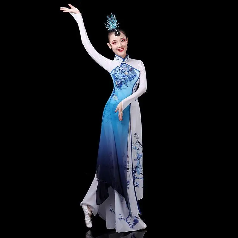 2024 traditional chinese vintage hanfu flower print qipao dress+pants set ancient folk dance costume stage performance dress