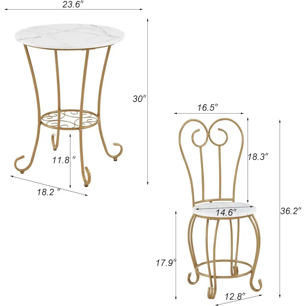 Vintage-Bistro-Set für den Innenbereich im französischen Stil: runder Tisch in Marmoroptik mit goldenen Metallstühlen für Küchen- und Frühstücksecke