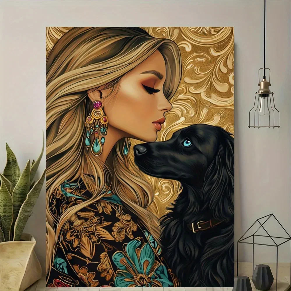 CIFBUY Vintage metal wall art, 2D golden woman & black dog poster, elegant teal framed print living room, bedroom, office decor