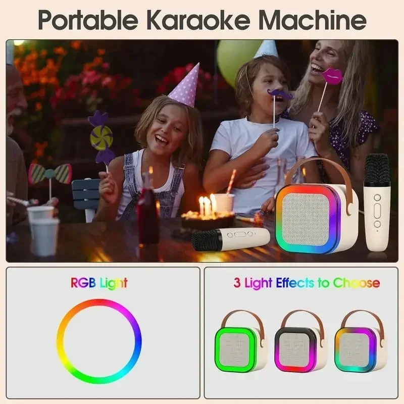 Family Fun Essential Karaoke Speaker! 2 Wireless Microphones + RGB Color Lights, Rechargeable Bluetooth 5.3, Kids’ Favorite