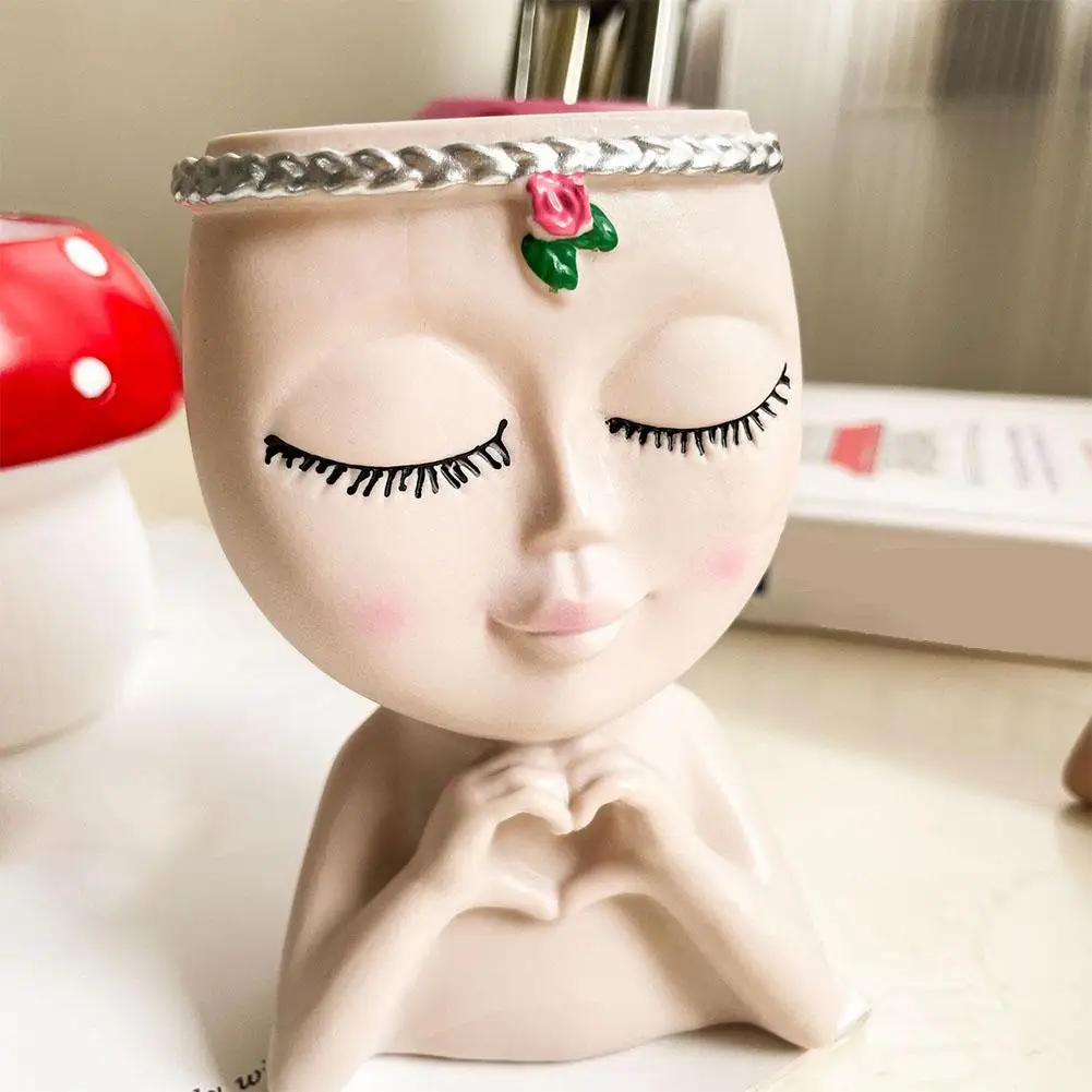 Elegant Flower Pot Resin Girl Face Planter With Drainage Hole Cute Unique Desktop Succulent Planter Art Statue Succulent Planter