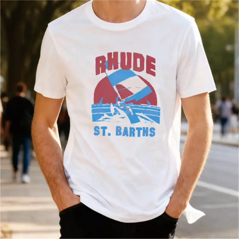 American Retro St. Barthes Island Surfing Pattern Men's and Women's T-shirts with Beach Sail Print Casual Short Sleeves