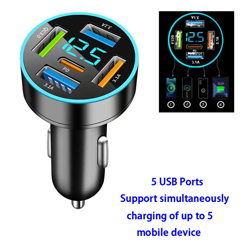 PD66W QC3.0 Car Charger, One to Four Fast Charge, Cigarette Lighter Socket, 5-Port Car Charger, Flash Charging with Digital Disp