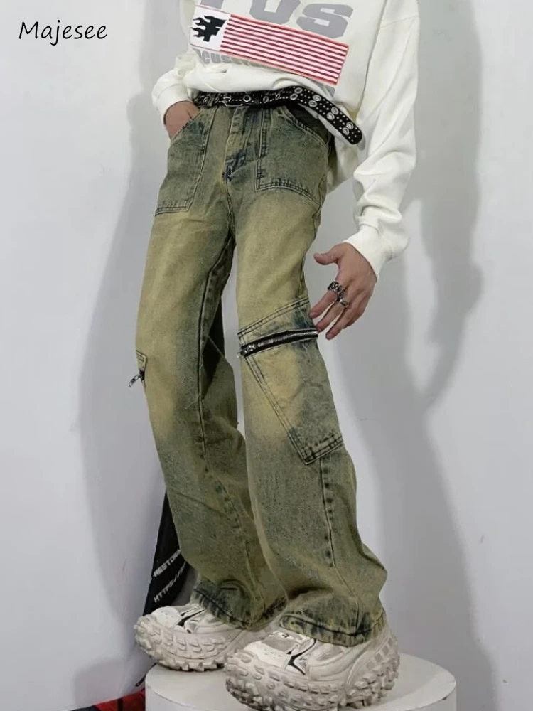 

Jeans Men American Retro Washed Distressed Multi Pockets Zippers Denim Trousers High Street Hip Hop Harajuku Spring College Cozy