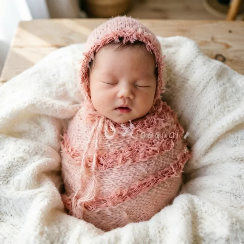 Mohair Lace Wrap Cloth And Hat Full Accessory Set Newborn Photo Prop For Full Moon Baby Indoor Studio Portrait Shooting Supply