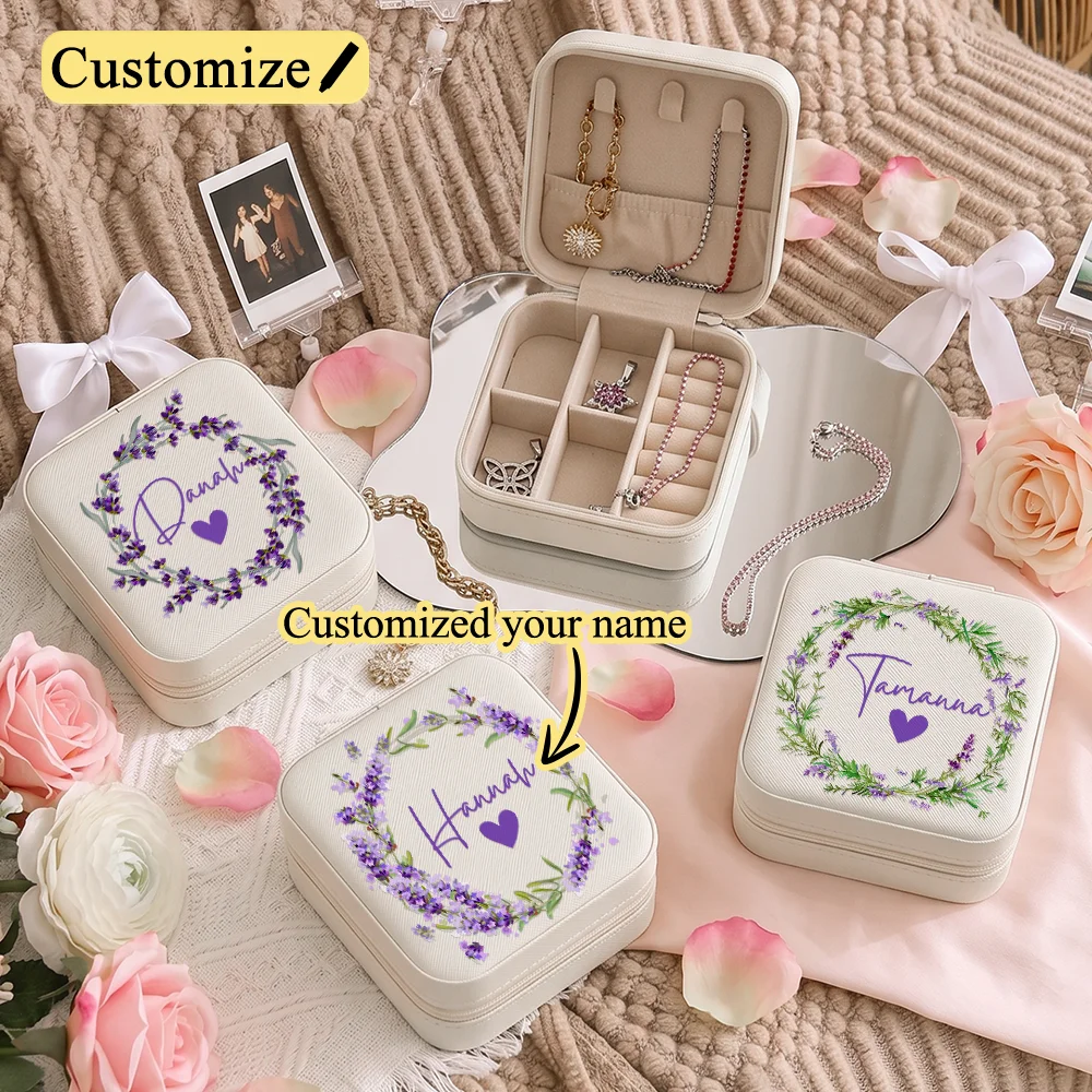Custom Jewelry Box with Name Lavender Wreath,Women Portable Travel Leather Necklace Ring White Jewelry Storage Box,Jewelry Case