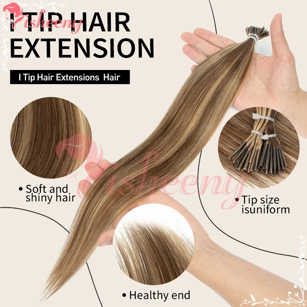 Isheeny Pre Bonded I Tip Real Human Hair Extensions Straight Ultra Fine Tip Light Tone Collection Various Lengths Natural Invisible Blend Add Volume Length For Ladies Daily Hairstyle