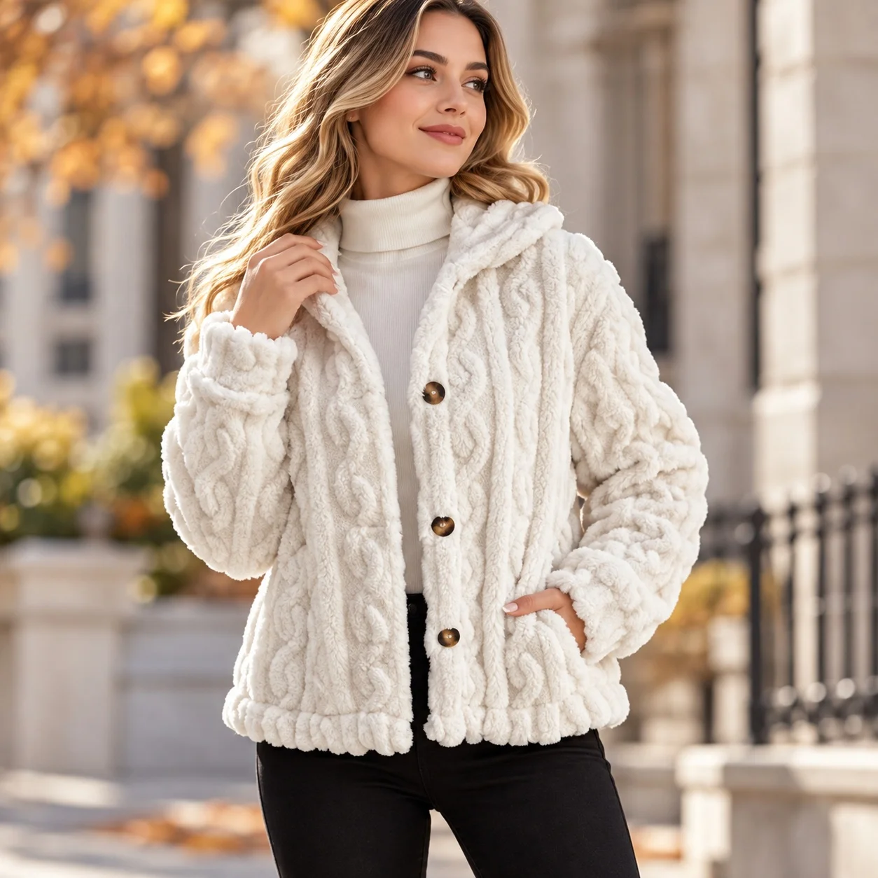 Thick Long Sleeve Top Regular Fit Graceful Elegant with Notched Collar Button Closure Winter Wrinkle Finish Women Jacket
