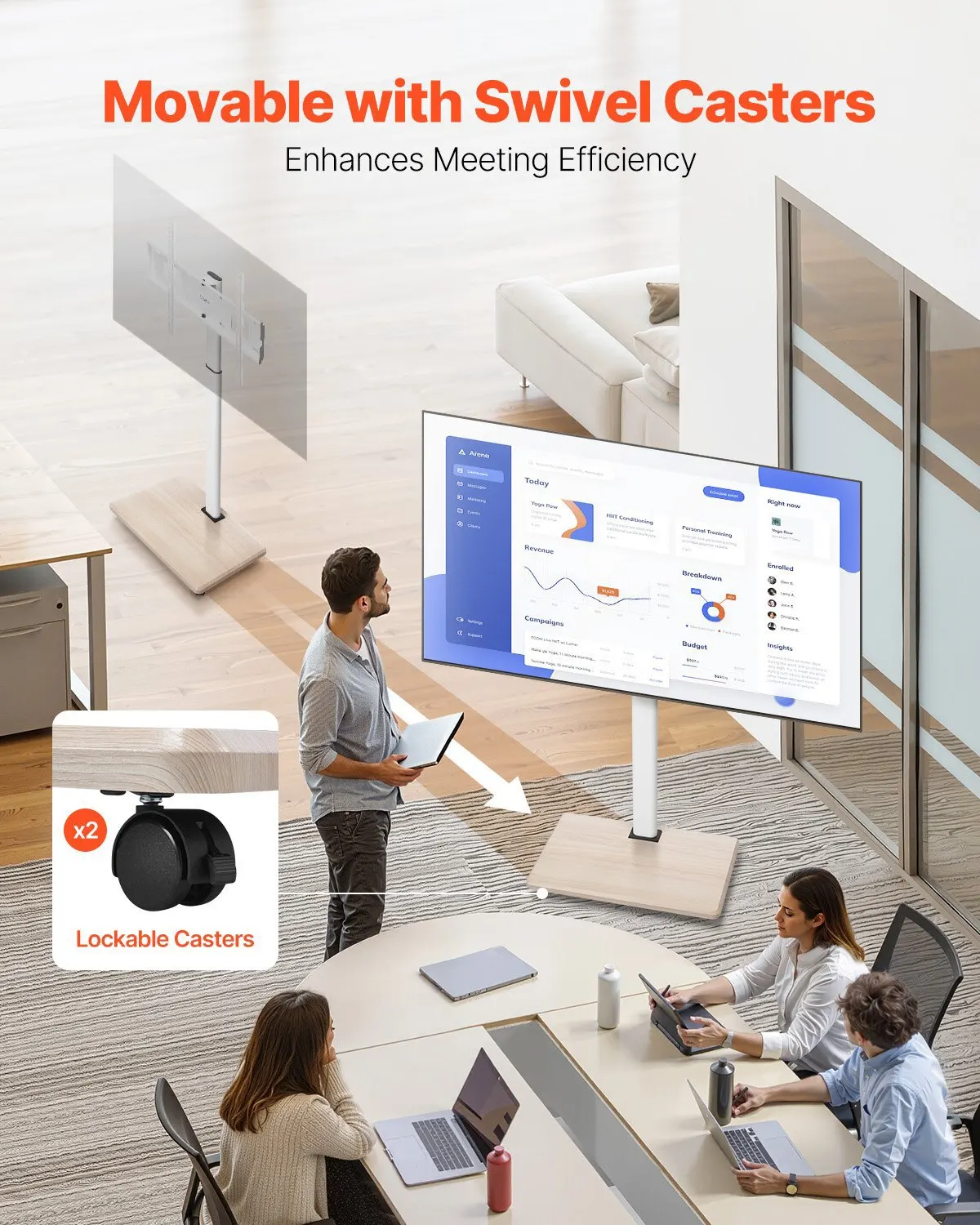 Rolling TV Stand, Mobile TV Cart for 32-70 Inch Screens, 25 Left-Right Rotation and Height Adjustable TV Mount on Wheels, Ho