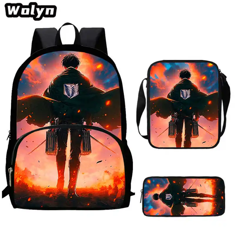 

3Pcs Set Attack On Anime Titan School Backpack for Grade1-4 with Shoulder Bags Pencil Case,Book Bag Cartoon Schoolbags for Pupil