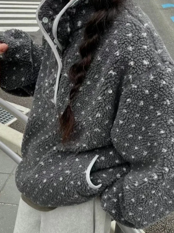 هودي نسائي فضفاض بأكمام طويلة من الصوف المنقط، ملابس خارجية مريحة بتصميم فضفاض، إصدار جديد لخريف وشتاء