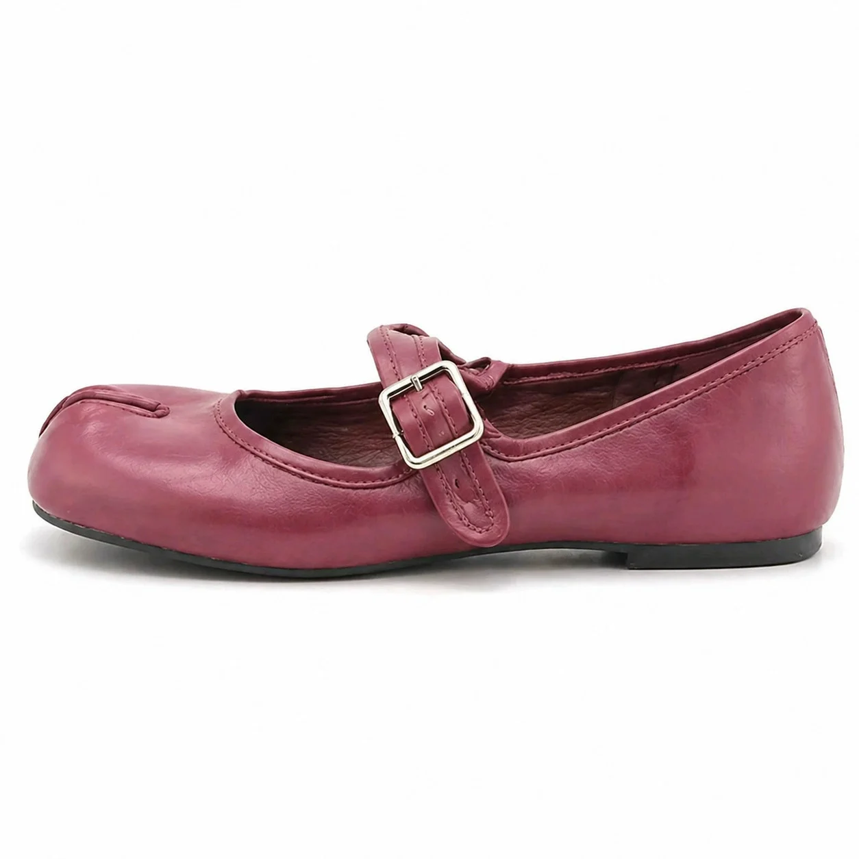 Women Burgundy Split Toe Mary Jane Flats Buckle Strap Casual Flat Shoes Retro Vintage Comfortable Daily Walking Ballet Shoes