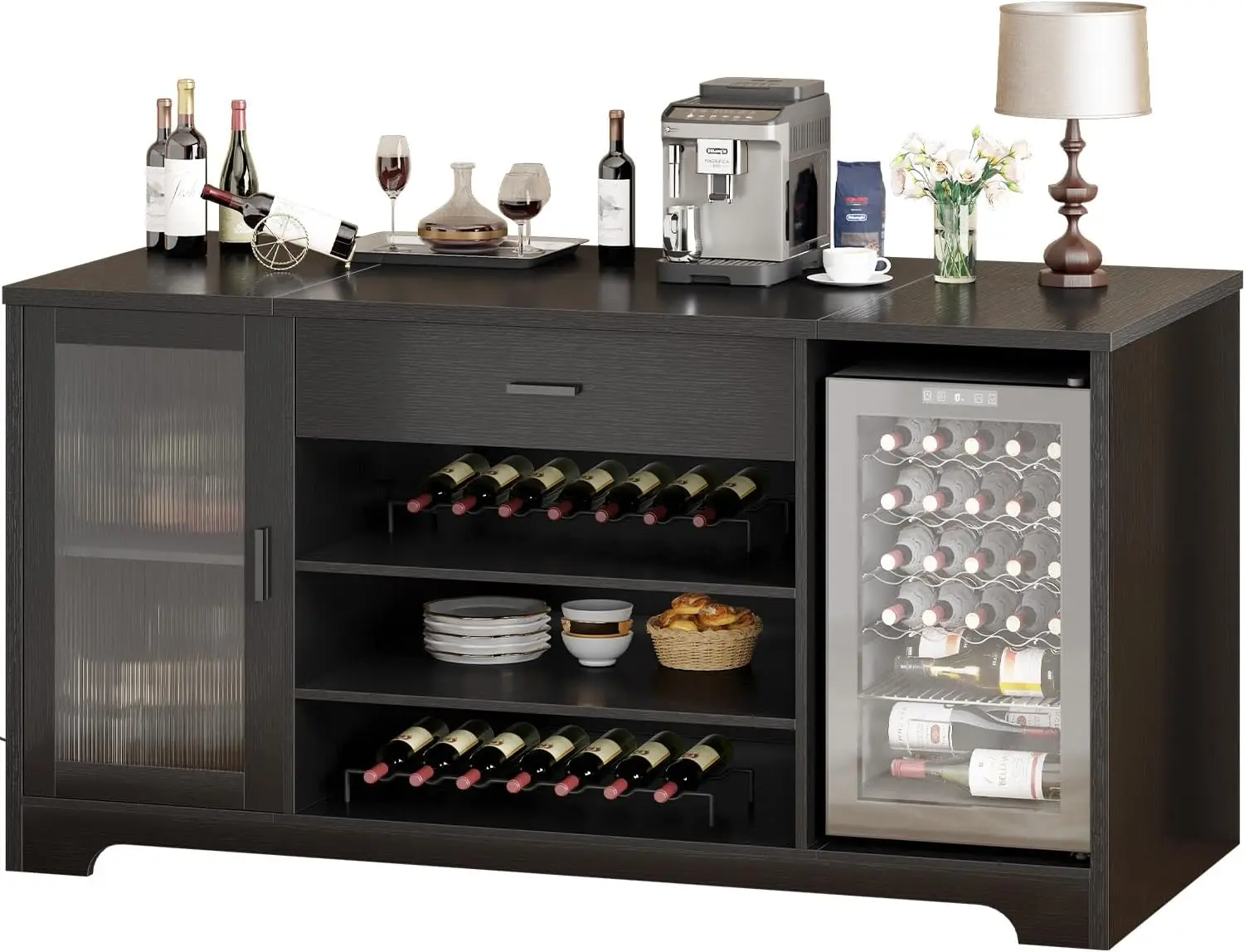

Long Wood Coffee Wine Liquor Cabinet with Refrigerator Space, Large Wide Sideboard Buffet Cabinet with Drawer Storage , 70 Inch