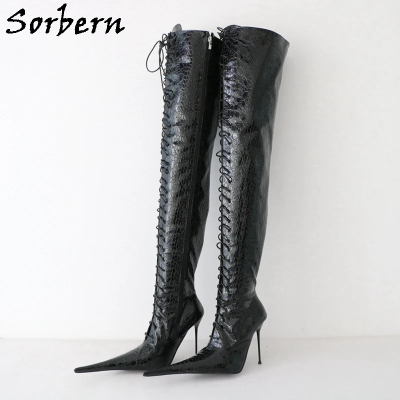 Sorbern Sexy 12Cm Metal Thin Heel Boots Crotch Thigh High Lace Up Long Pointed Toe Fetish Stilettos Winter Style Custom Leg Size