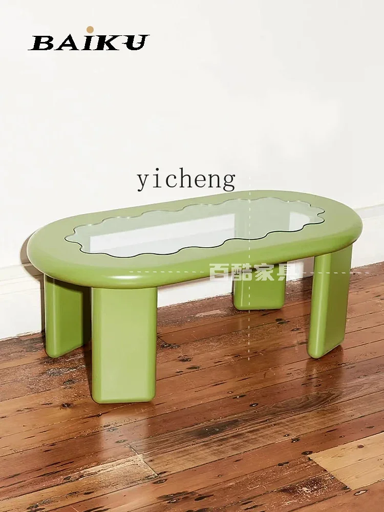 ZK Cream Style Avocado Green Small Coffee Table FRP Small Apartment Oval Long Table Home Living Room