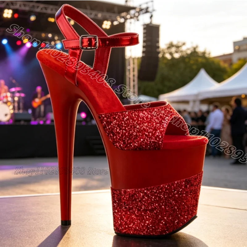Glitter Splicing Performance Sexy Sandals Open Toe Ankle Buckle Platform Stiletto for Women Dancing Sandals Zapatos Para Mujere