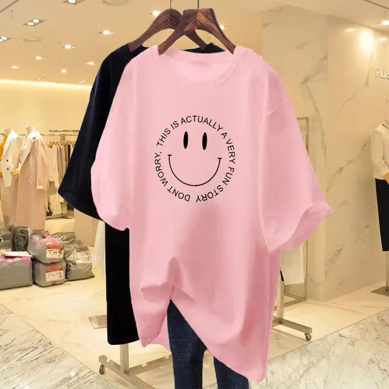 Women\'s Fashion Loose Pure Cotton Smiling Face Short Sleeved T-shirt Summer New Fashion Versatile Basic Top Tees