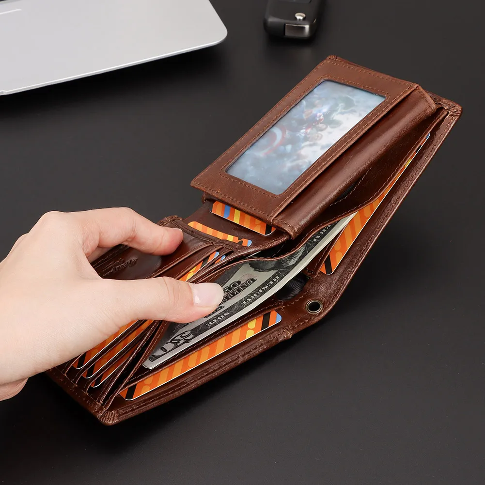 HUMERPAUL Genuine Leather Men Wallet Business Short Purse RFID Protect Credit Card Holder Clutch for Women with Anti-theft Chain
