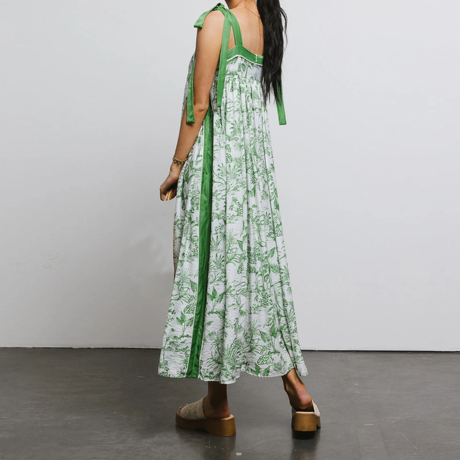 Women Sleeveless Wide Shoulder Straps Tied Plants Print Contrast Color Summer A-line Tank Long Dress for Daily Party