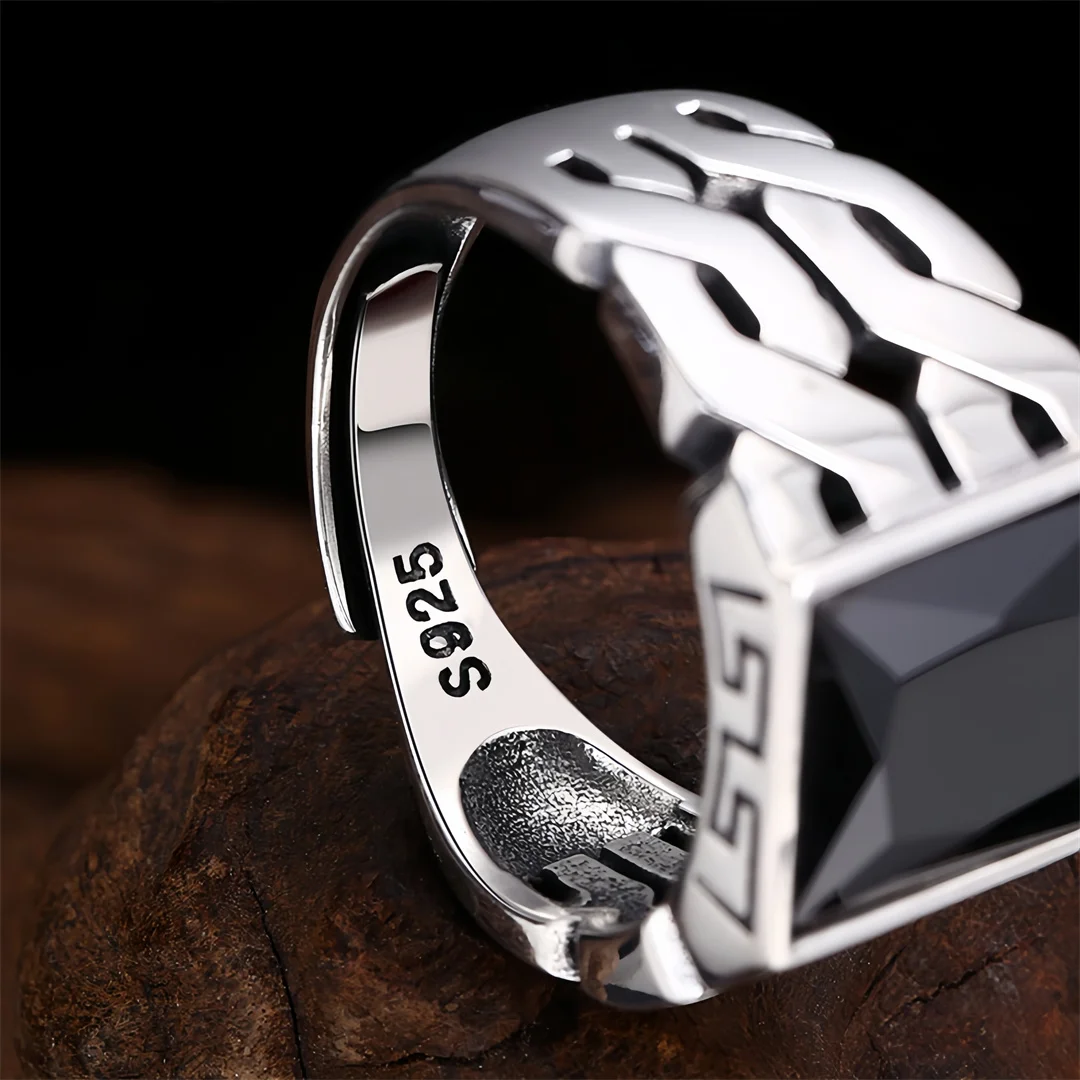 BOCAI New S925 Sterling Silver Charms Rings for Men Antique Woven Chain Pattern Black Agate Adjustable Ring Fine Choice Jewelry