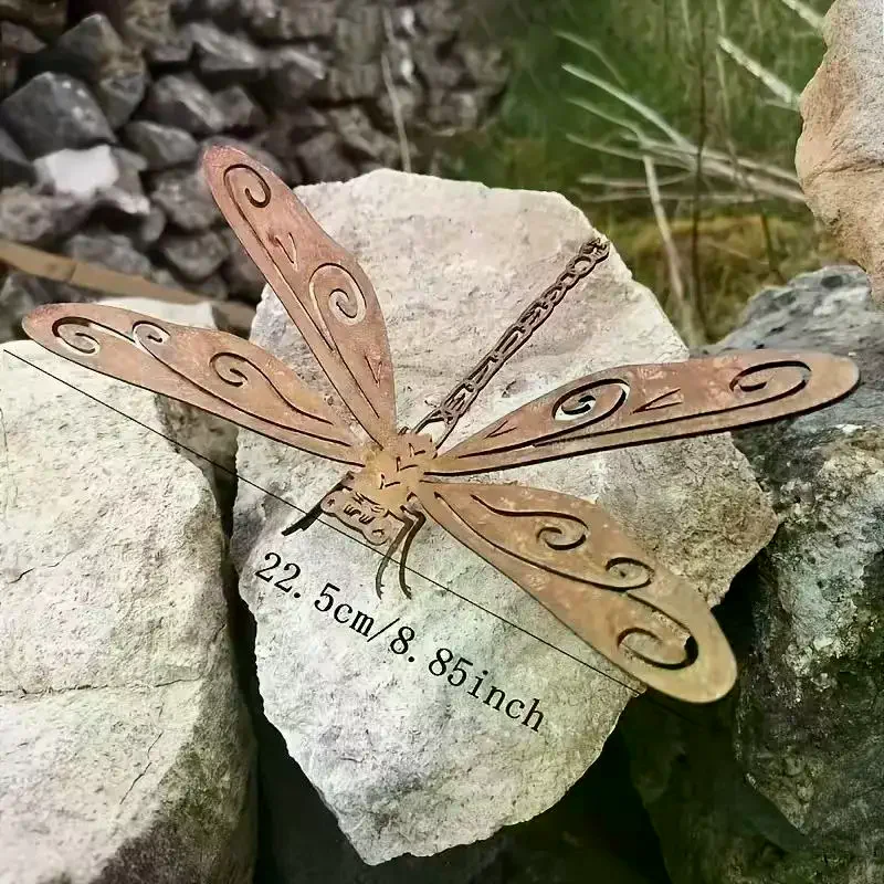 1Pcs Rustic Outdoor Sculpture Elegant Metal Rust-Colored Dragonfly Garden Statue Ground-Mounted Home And Garden Decoration