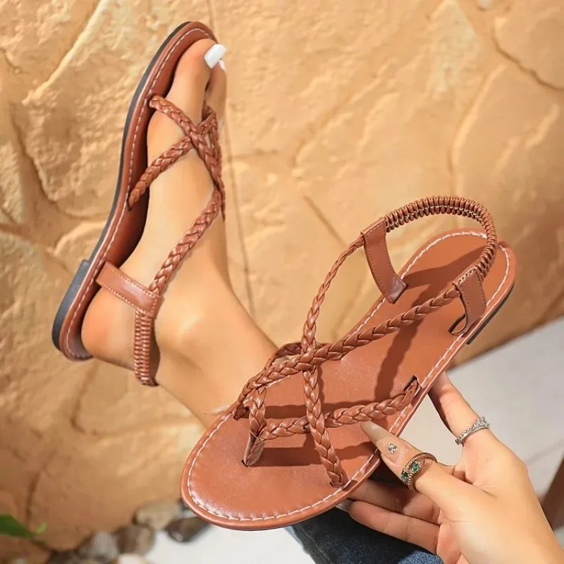

Women's Bohemian Flat Sandals Braided Criss Cross Strap Toe Ring Elastic Slip on Casual Summer Vacation Daily Walking Footwear