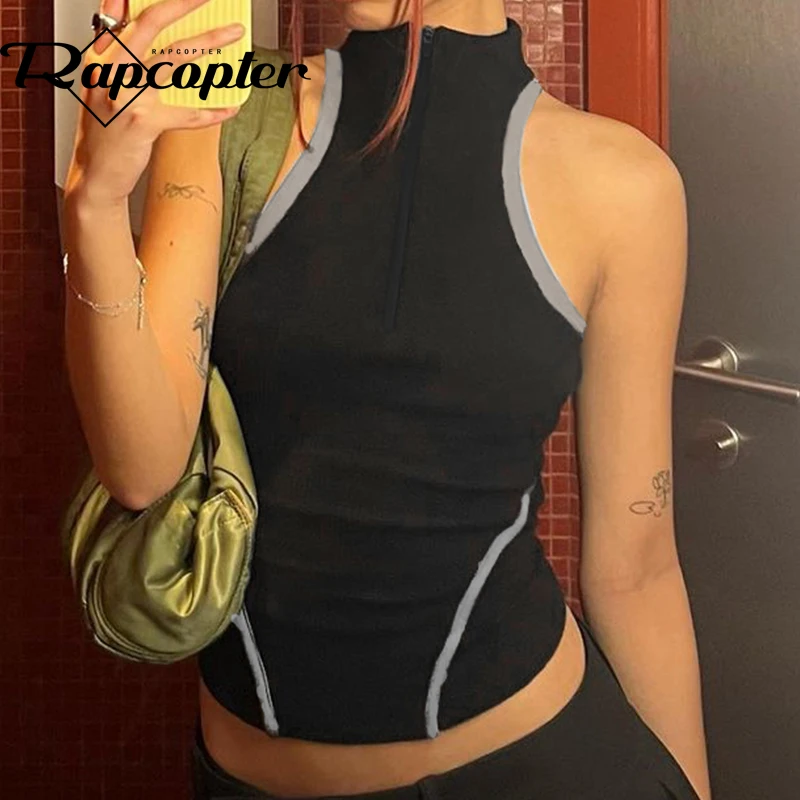 Rapcopter Y2K Cut Out Tank Tops Patchwork O Neck Sleeveless Mini Vest Women Black Vintage Chic Streetwear Sweats Fashion Tee 90s