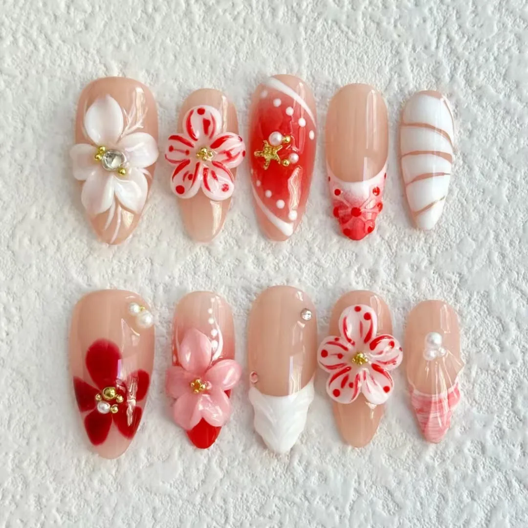 New Embossed Floral Style Manicure Red Flower Fake Nail Press on Nails Mandarin Duck Style Almond Length Nail Decoration