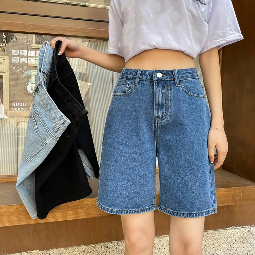 Lady Jeans Vintage A-line Denim Shorts with Adjustable Buttoned Waist Zipper Closure for Women Knee Length Pants