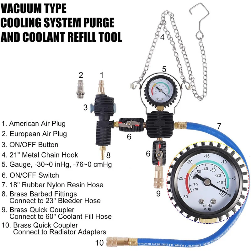 Cooling System Vacuum Purge Radiator Coolant Refill Kit Automotive Water Tank Pneumatic Vacuum Antifreeze Change Filler VT01371