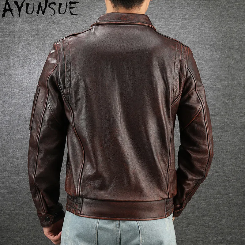 AYUNSUE 2026 Top Layer Cowhide Stone Washed Distressed Real Leather Coat Man Vintage Genuine Leather Jacket Motorcycle Outerwear