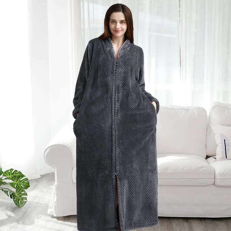 Women Winter Extra Long Warm Jacquard Flannel Bathrobe Pregnant Zipper Plus Size Dressing Gown Lounge Coral Fleece Bath Robe