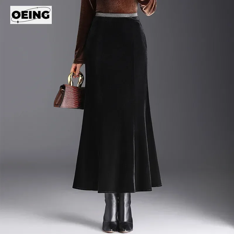 

Women Velvet Slim Black Fishtail Skirt Autumn Winter Elegant Vintage High Waist Casual Bodycon Long Skirt Office Lady 99813