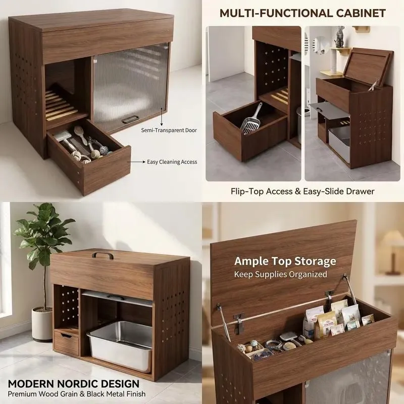 Multi-functional Solid Wood Cat Litter Cabinet Eco-friendly Natural Wood Style Modern Simple Sturdy Durable Furniture