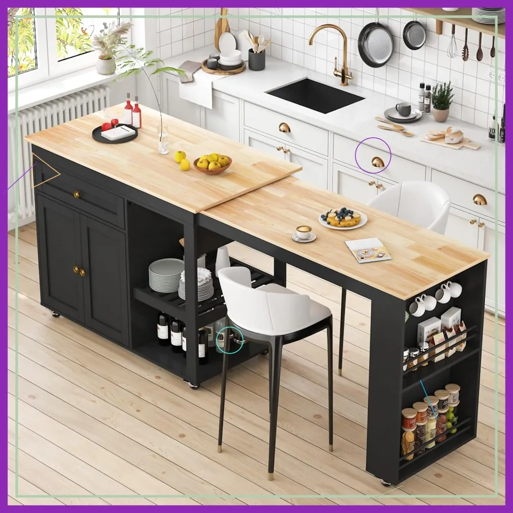 Isla de cocina con ruedas de 77,8 pulgadas con mesa de comedor extensible, carrito 2 en 1 con ruedas, gabinete de almacenamiento y estante, negro