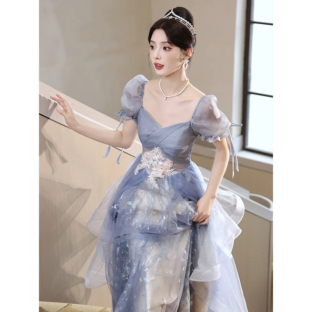 Blue Evening Dress Elegant Lady Banquet Formal Ball Gown Floral Embroidery Quinceanera Party Dresses Women Stage Performance