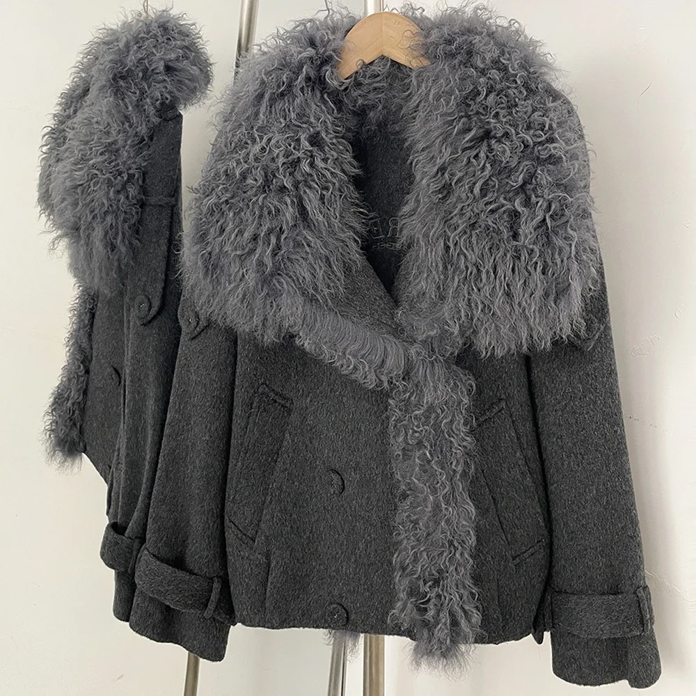 OFTBUY Neue Winter-Oberbekleidung für Damen, Kurzer Doppelreihiger Wollmantel, Natürliches Lockiges Echtfell von Mongolischem Schaf, Großer Reverskragen, Wolljacke – Detail 12