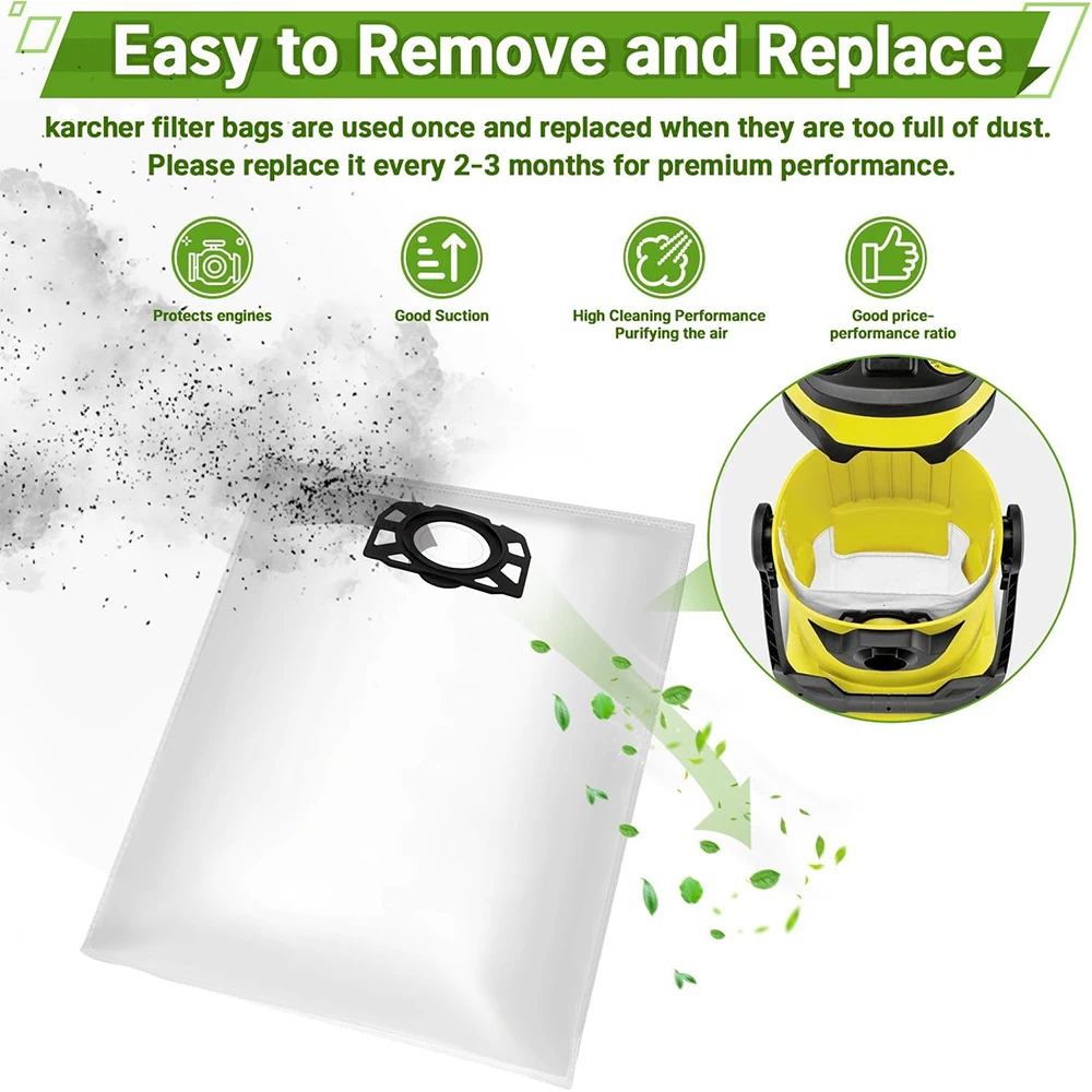 Vacuum Cleaner Bags for Karcher WD4 WD5 WD6 WD5P WD6P Premium MV4 MV5 MV6, Filter Bags for Wet and Dry Vacuum Cleaner